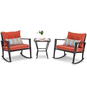 Outdoor 3-Piece Rattan Rocking Chairs and Table Set with Red Cushions